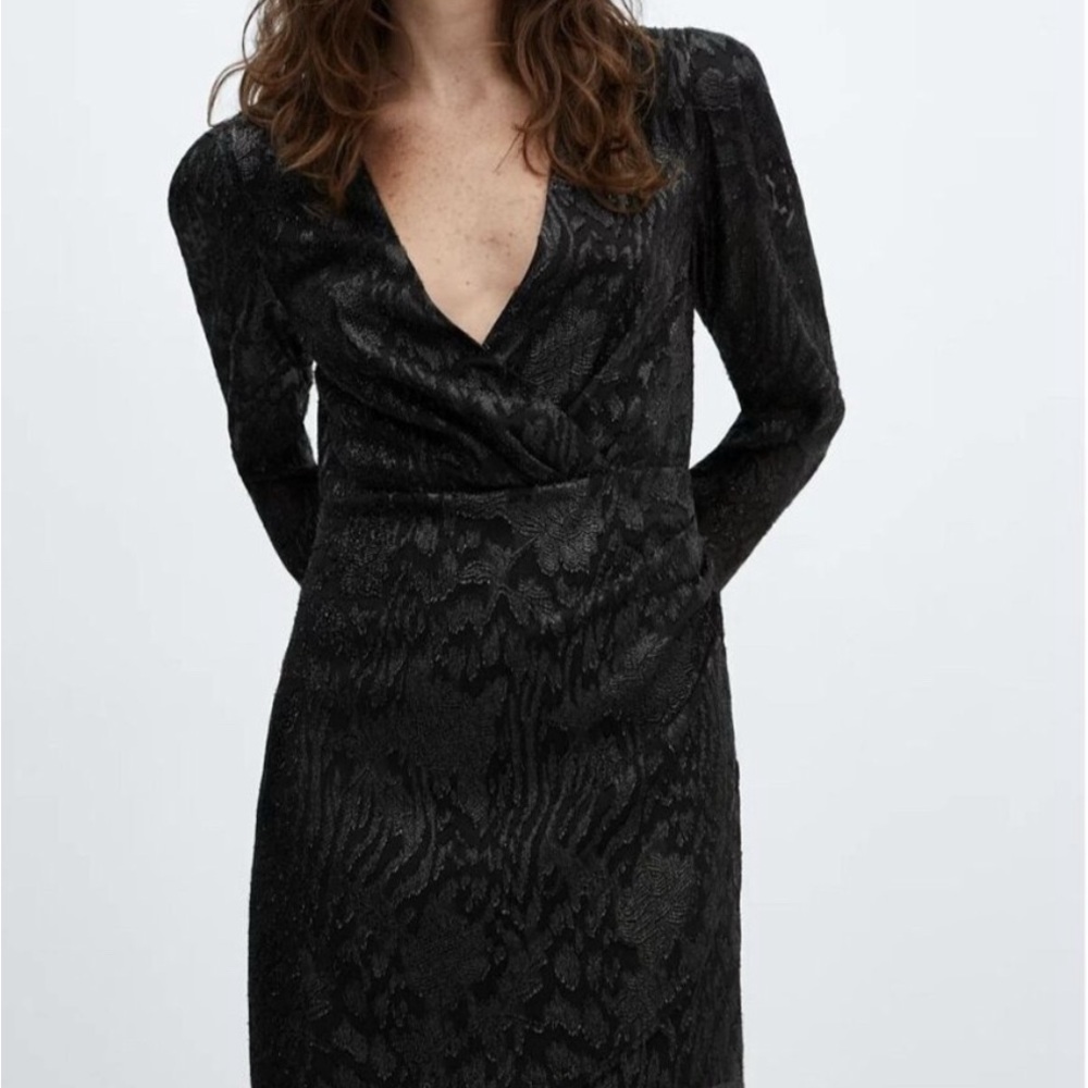 Mango lurex jacquard Elegant Black Wrap Dress